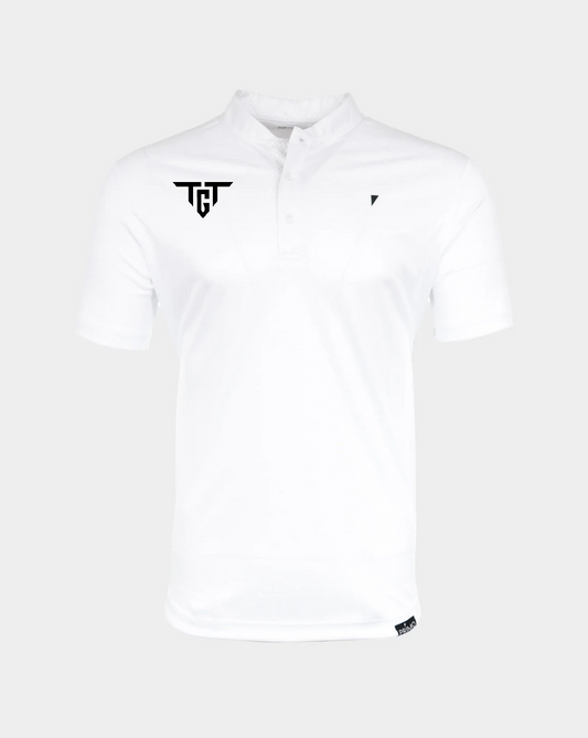 Primo men's blade collar golf polo shirt in white with TGT logo