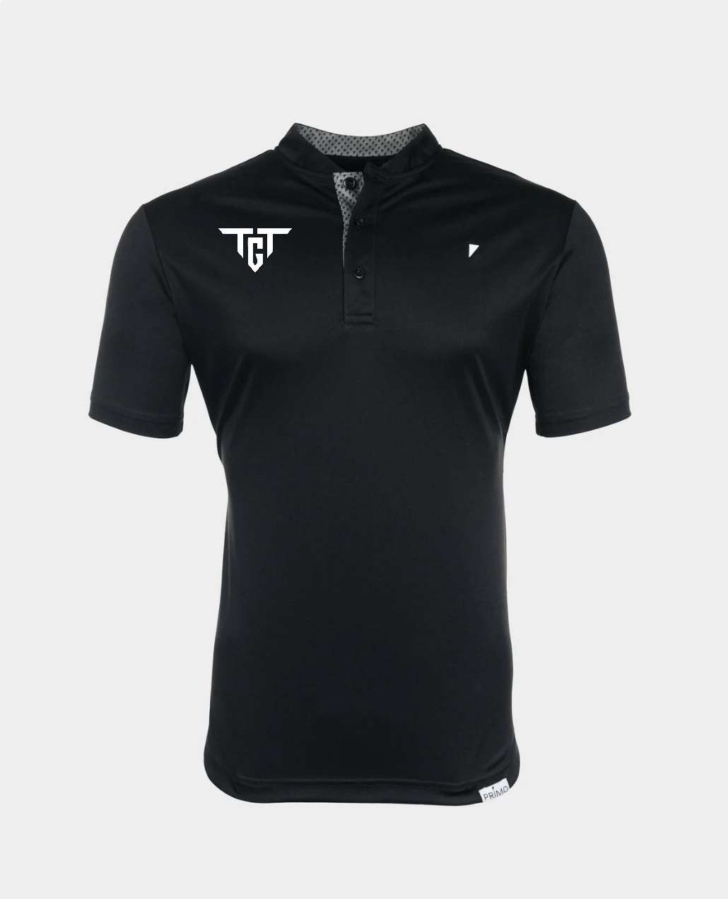 Primo men's blade collar golf polo shirt in black with TGT logo