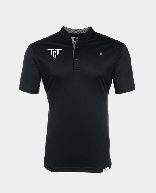 Primo men's blade collar golf polo shirt in black with TGT logo