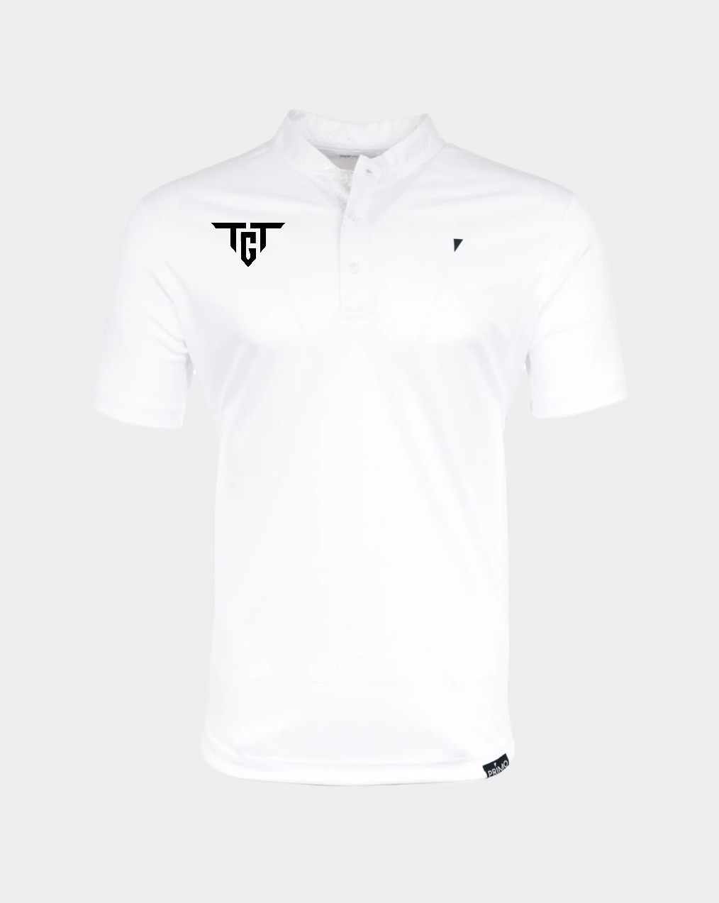 Primo men's blade collar golf polo shirt in white with TGT logo