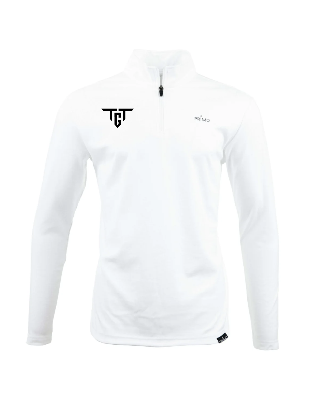 Primo men's classic quarter zip golf pullover in white with TGT
logo
